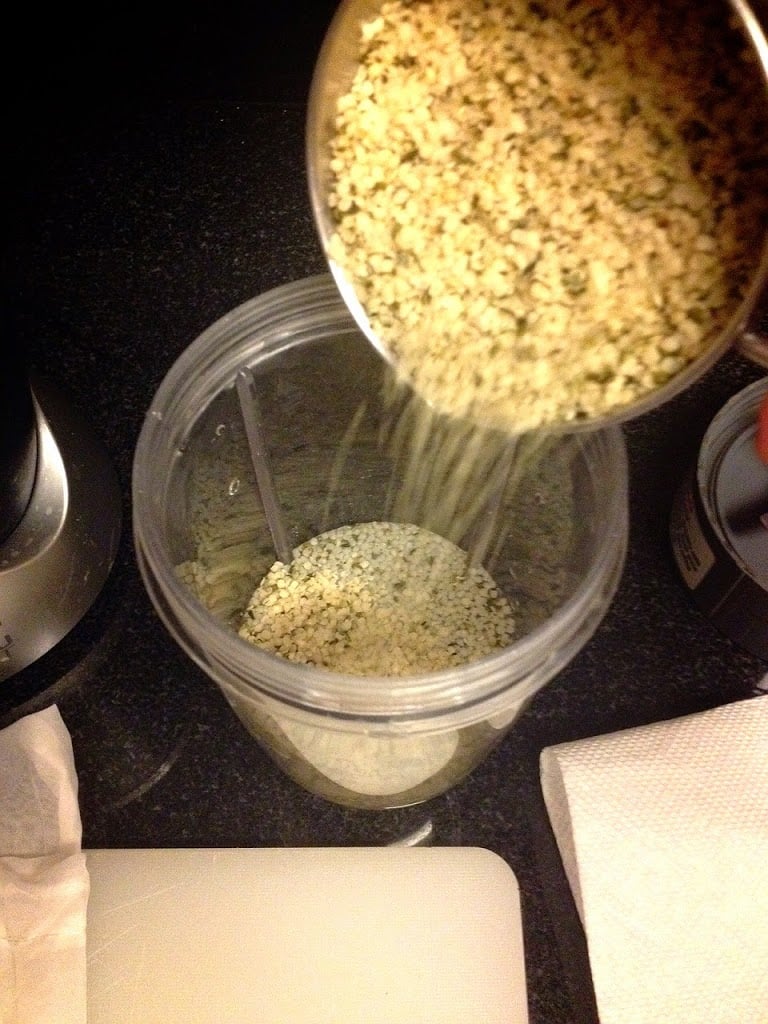 pour hemp seeds into the blender to make hemp seed milk