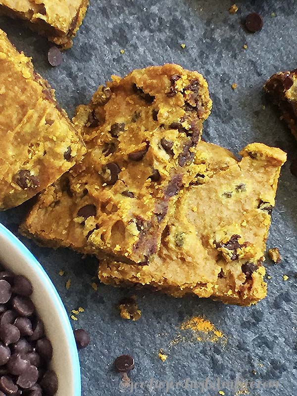 healthy gluten free turmeric spice blondies that are vegan, nut-free, soy-free and refined sugar free - recipe by julie at Goodie Goodie Gluten Free