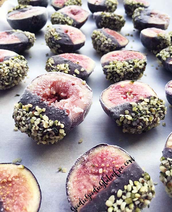 chocolate covered figs dipped in hemp seeds is the perfect gluten-free, paleo and vegan treat for all created by julie rosenthal at goodie goodie gluten-free.