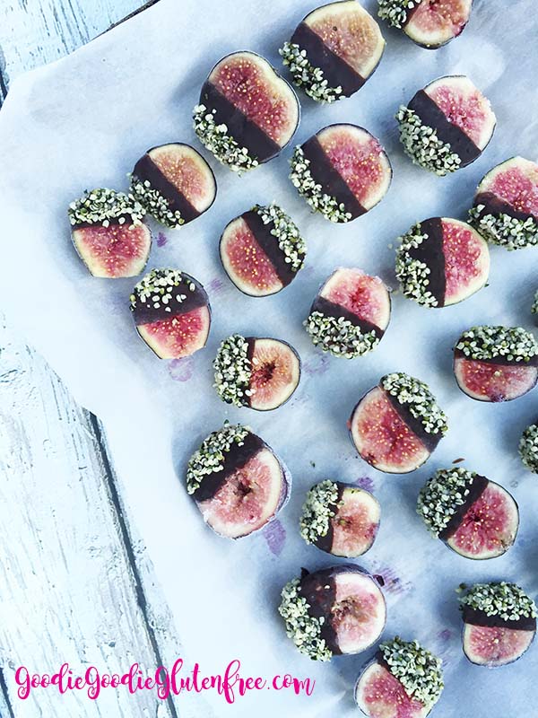 easy to make chocolate dipped figs with hemp seeds, that are decadent and delicious frozen at any time of the day! Made by Julie Rosenthal at Goodie Goodie Gluten-Free