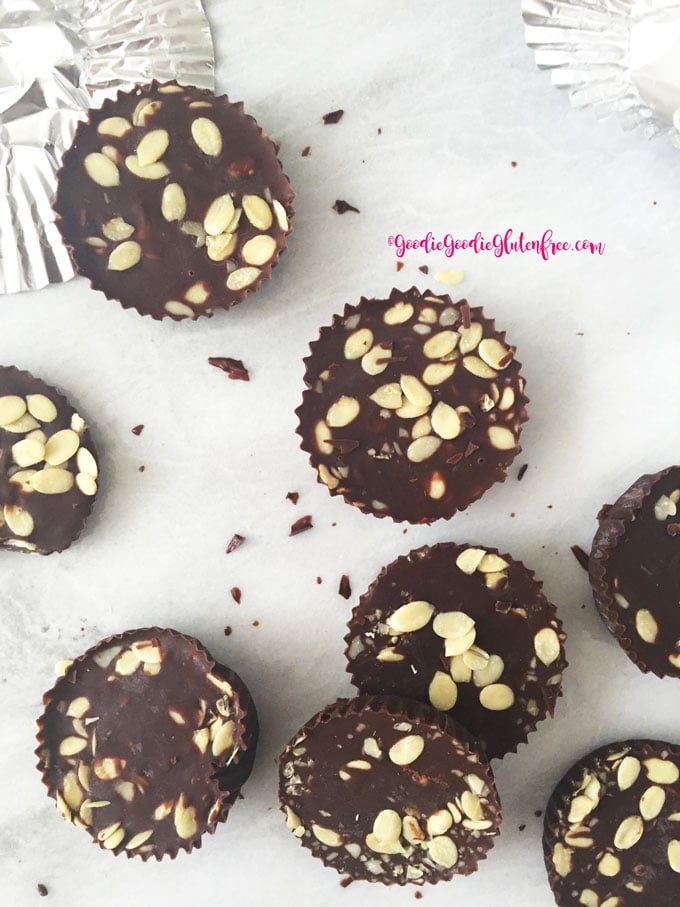 Chocolate Coconut Crunch Cups by Certified Health Coach Julie Rosenthal of Goodie Goodie Gluten-Free. These chocolates are vegan, nut-free and gluten-free using just a tid bit of Agave syrup.