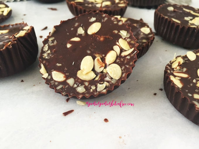 Chocolate Coconut Crunch Cups by Certified Health Coach Julie Rosenthal of Goodie Goodie Gluten-Free. These chocolates are vegan, nut-free and gluten-free using just a tid bit of Agave syrup.