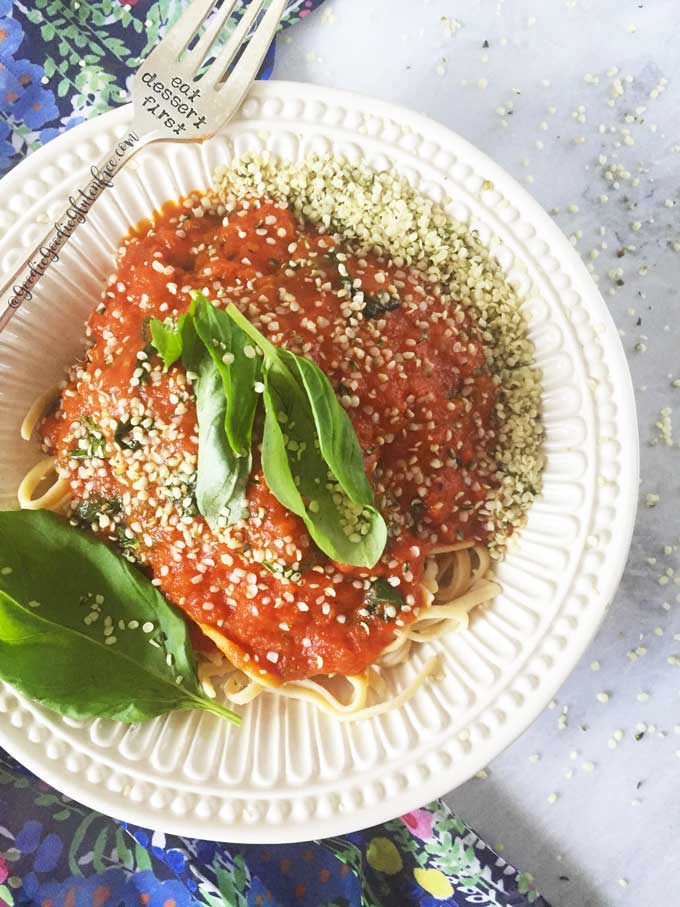 gluten-free chickpea pasta with hemp marinara and basil