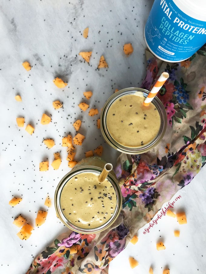 Two homemade cantaloupe strawberry protein smoothies that are super creamy and thick